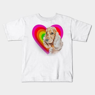 Big brown eyed cocker spaniel in a rainbow glowing heart Kids T-Shirt